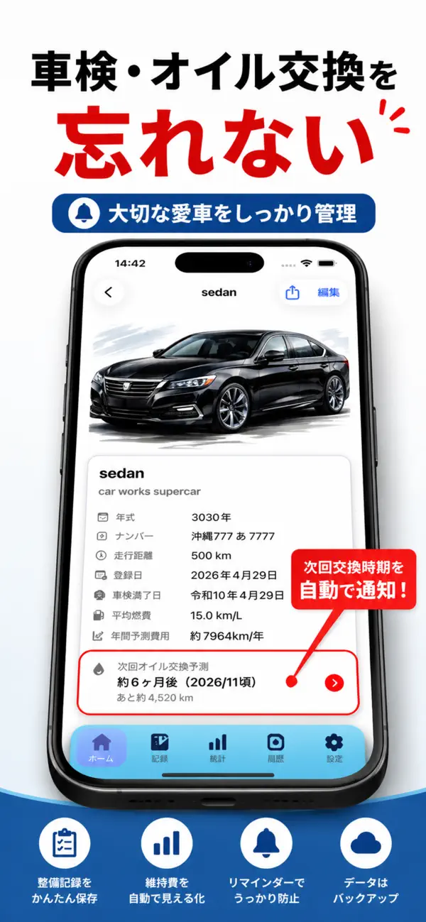 車両の詳細画面。年式・走行距離・車検満了日と、次回オイル交換の予測が表示されている